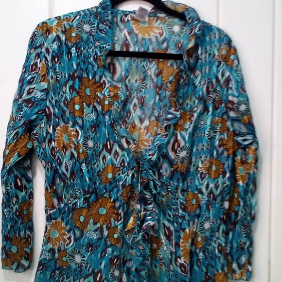 Kim Rogers Blouse Women L 3/4 Sleeve Simi Sheer Ruffle Open Tie Front Teal Brown - Picture 2 of 16